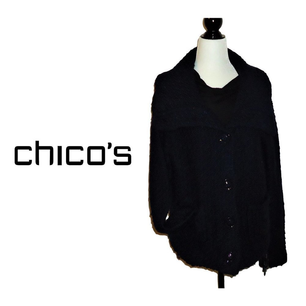 Chico's Wool Blend Navy Chunky Knit Sweater Big Button Up Jacket Size 2 (L)